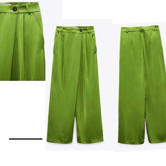 Zara green high waisted saint effect front cross over wrap pleated wide leg pant - Picture 5 of 13